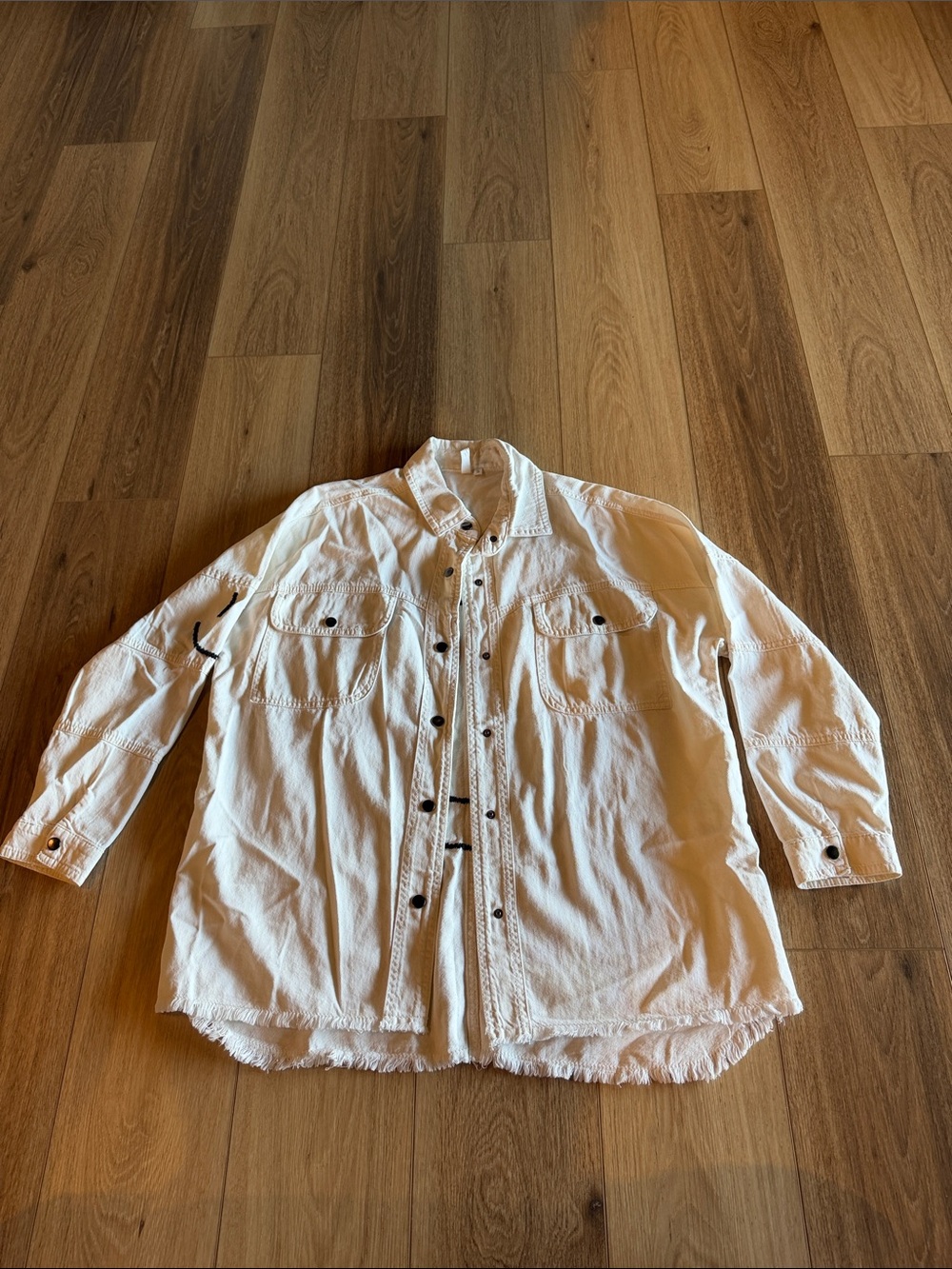 Lightweight White Denim Shacket with Smiley Face on Back